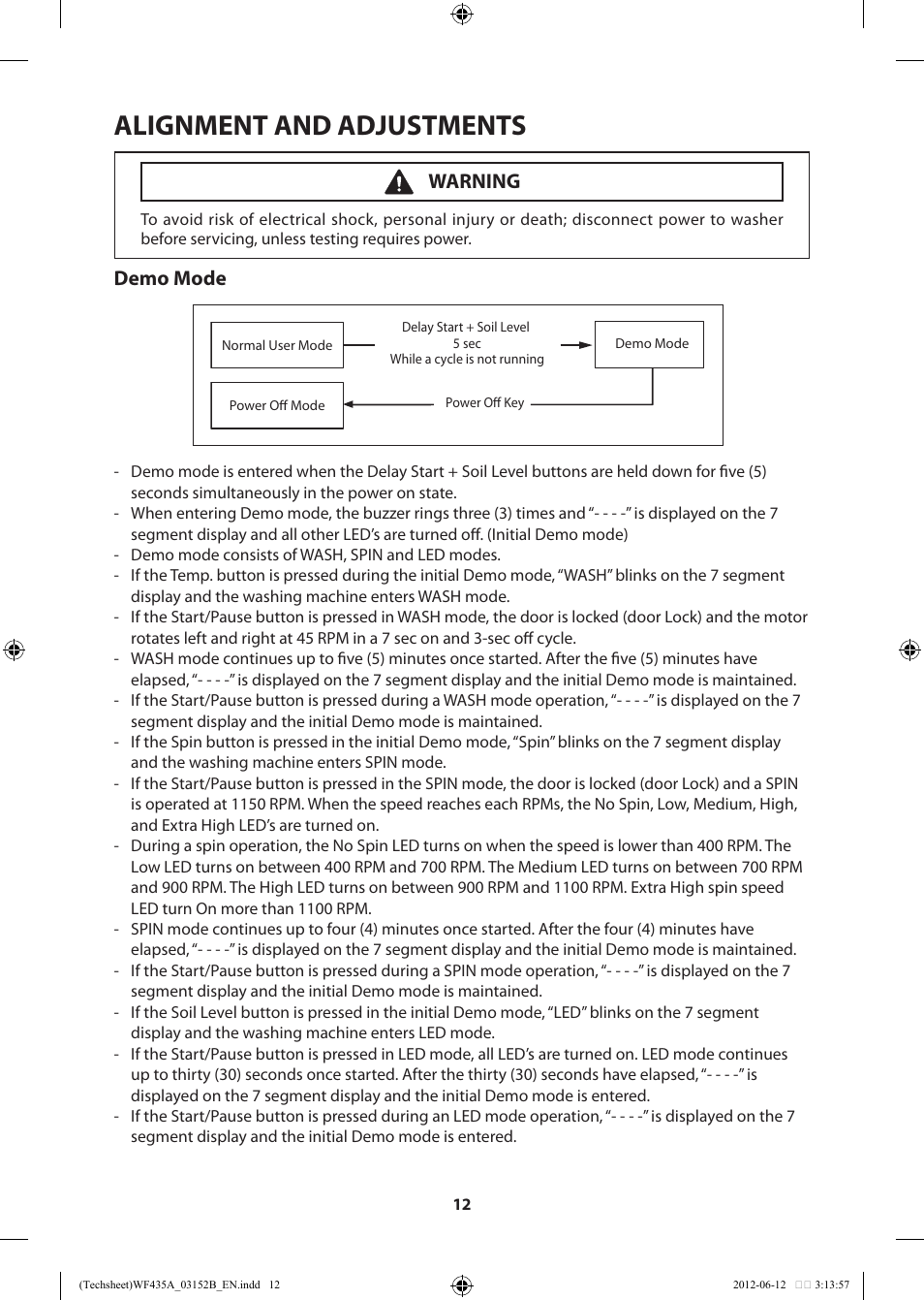 Alignment and adjustments, Demo mode, Warning | Samsung WF435ATGJWR-A1 User Manual | Page 12 / 60
