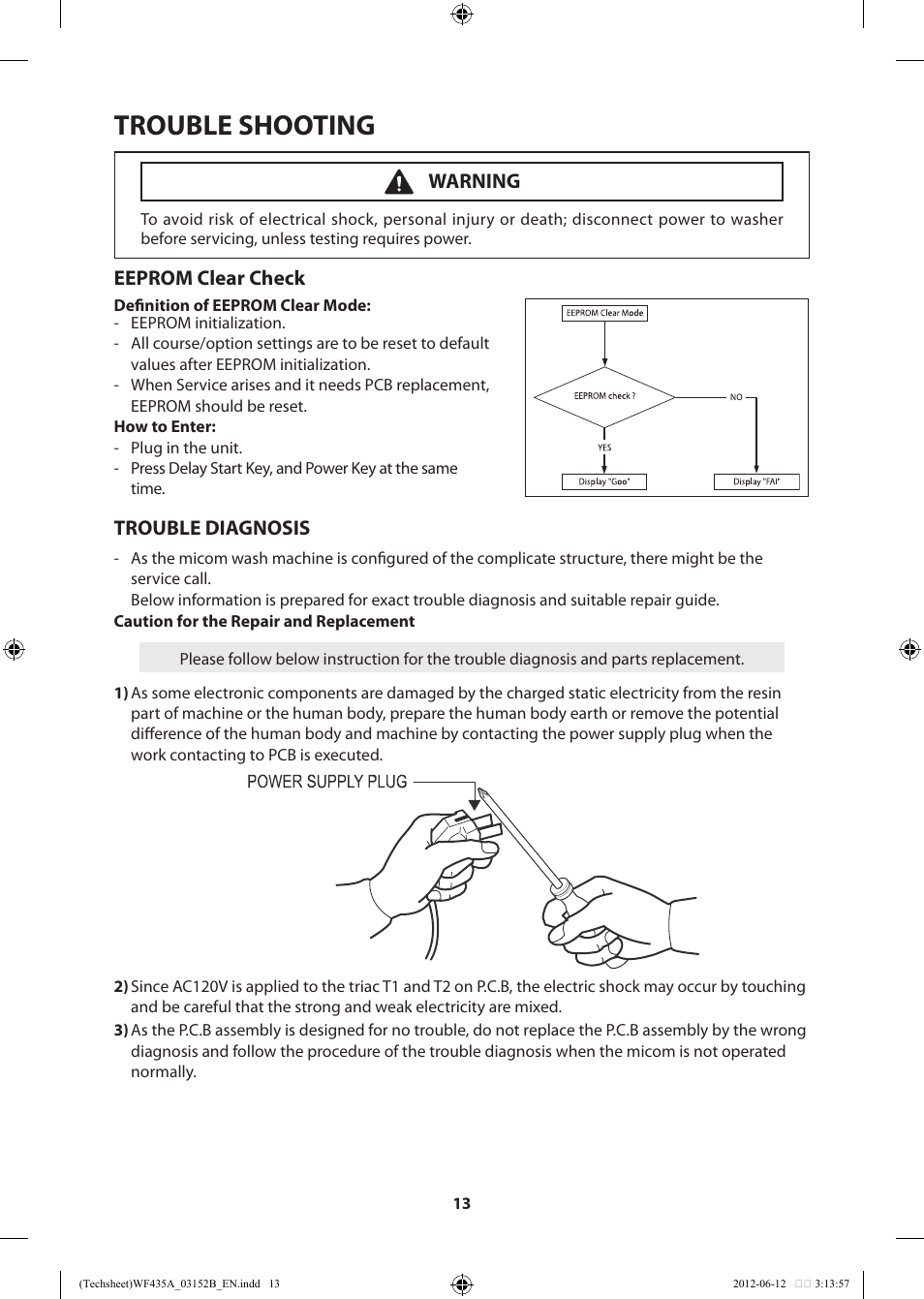 Trouble shooting, Eeprom clear check, Trouble diagnosis | Warning | Samsung WF435ATGJWR-A1 User Manual | Page 13 / 60
