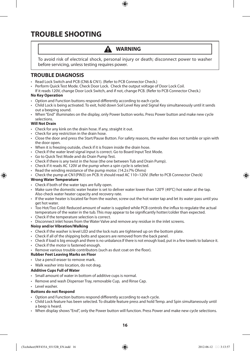 Trouble shooting, Trouble diagnosis, Warning | Samsung WF435ATGJWR-A1 User Manual | Page 16 / 60