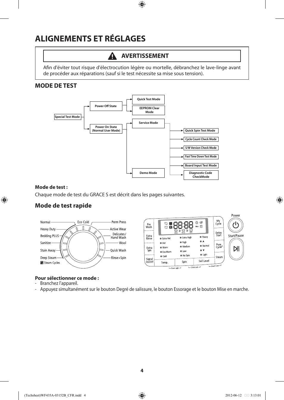 Alignements et réglages, Mode de test, Mode de test rapide | Avertissement | Samsung WF435ATGJWR-A1 User Manual | Page 24 / 60