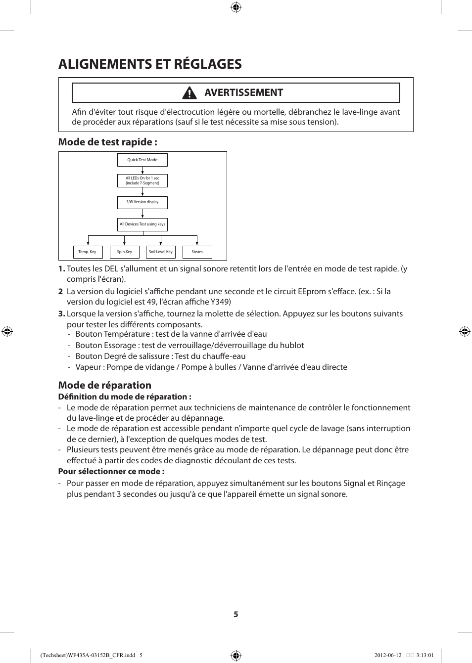 Alignements et réglages, Mode de réparation, Mode de test rapide | Avertissement | Samsung WF435ATGJWR-A1 User Manual | Page 25 / 60