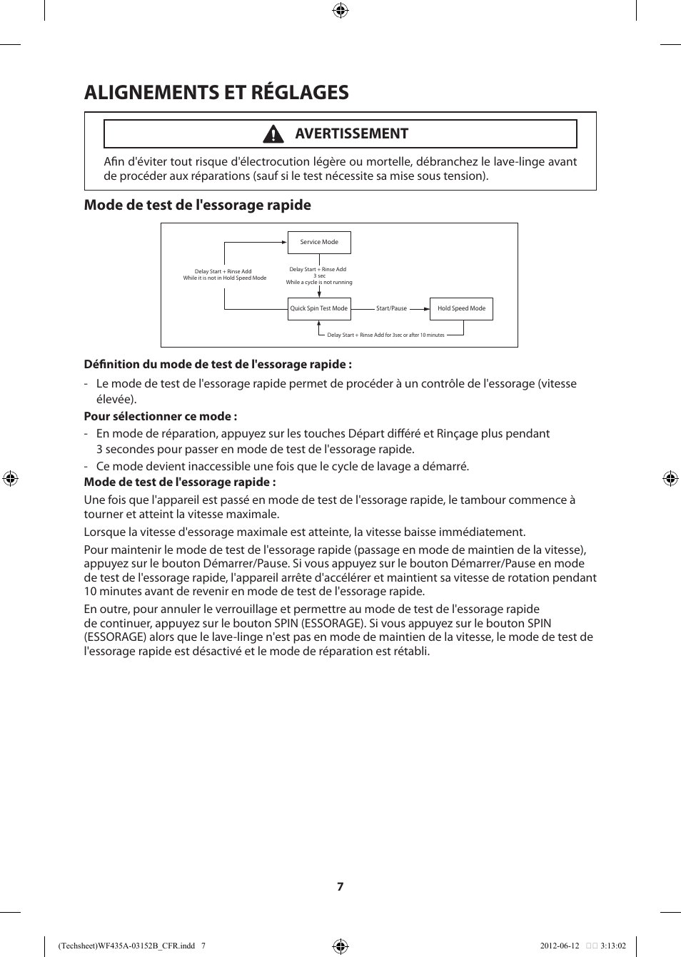 Alignements et réglages, Mode de test de l'essorage rapide, Avertissement | Samsung WF435ATGJWR-A1 User Manual | Page 27 / 60