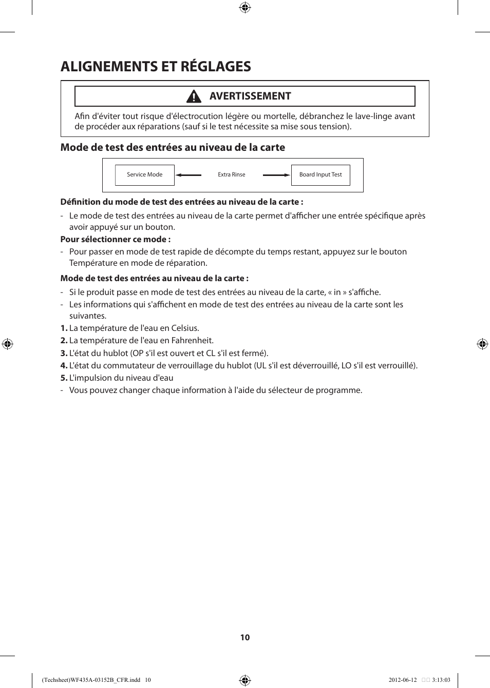 Alignements et réglages, Mode de test des entrées au niveau de la carte, Avertissement | Samsung WF435ATGJWR-A1 User Manual | Page 30 / 60