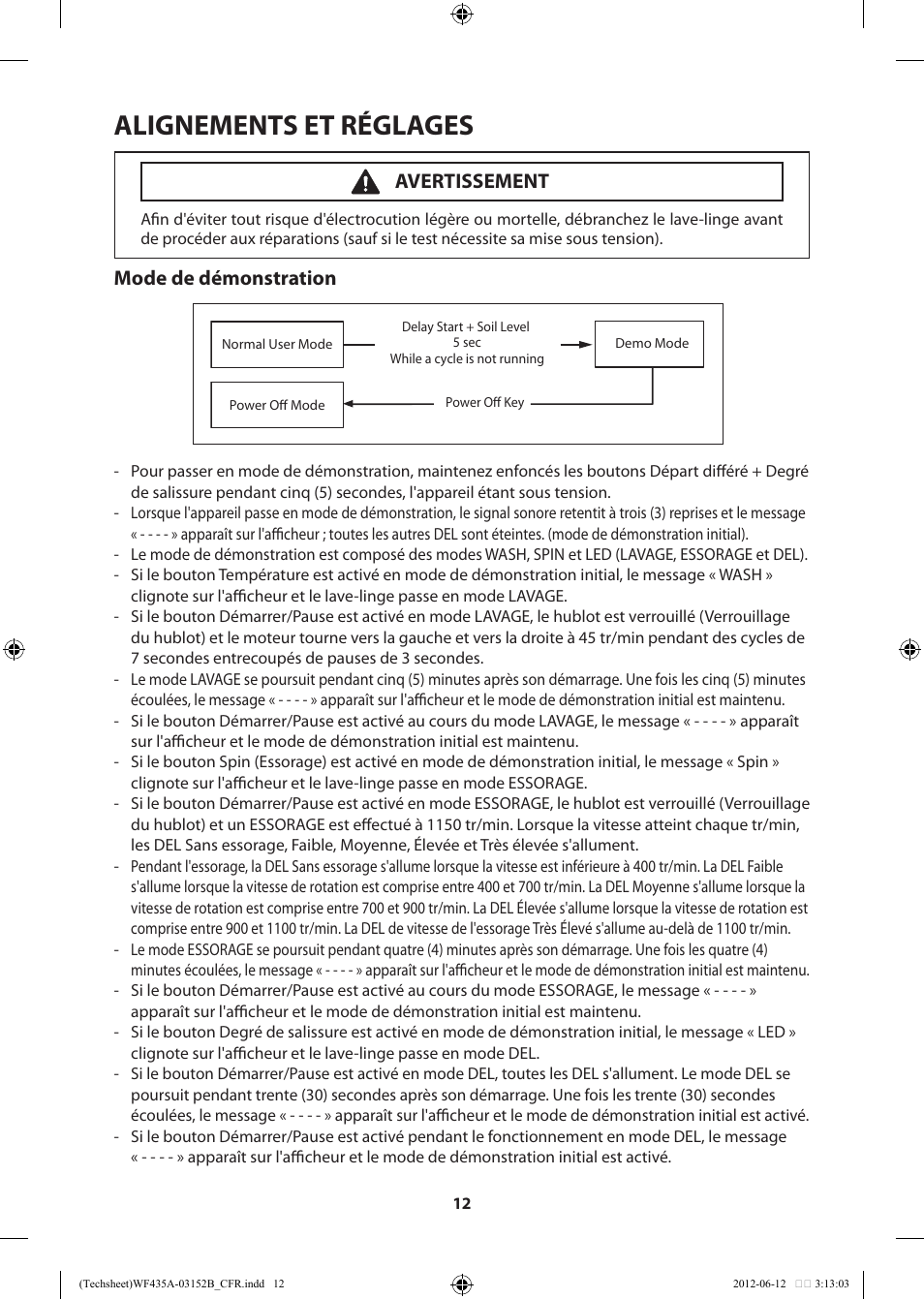 Alignements et réglages, Mode de démonstration, Avertissement | Samsung WF435ATGJWR-A1 User Manual | Page 32 / 60