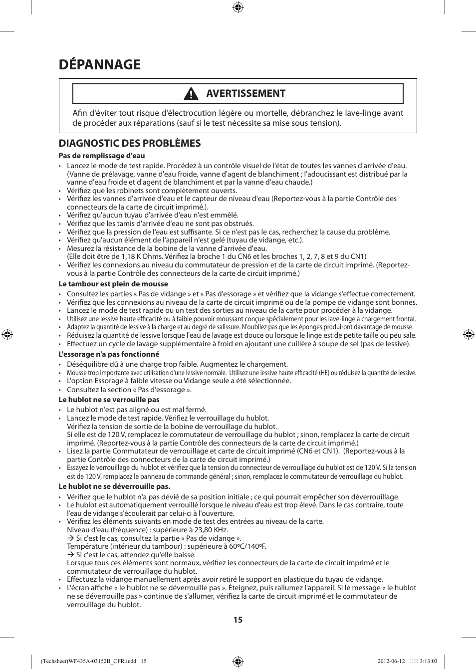 Dépannage, Diagnostic des problèmes, Avertissement | Samsung WF435ATGJWR-A1 User Manual | Page 35 / 60