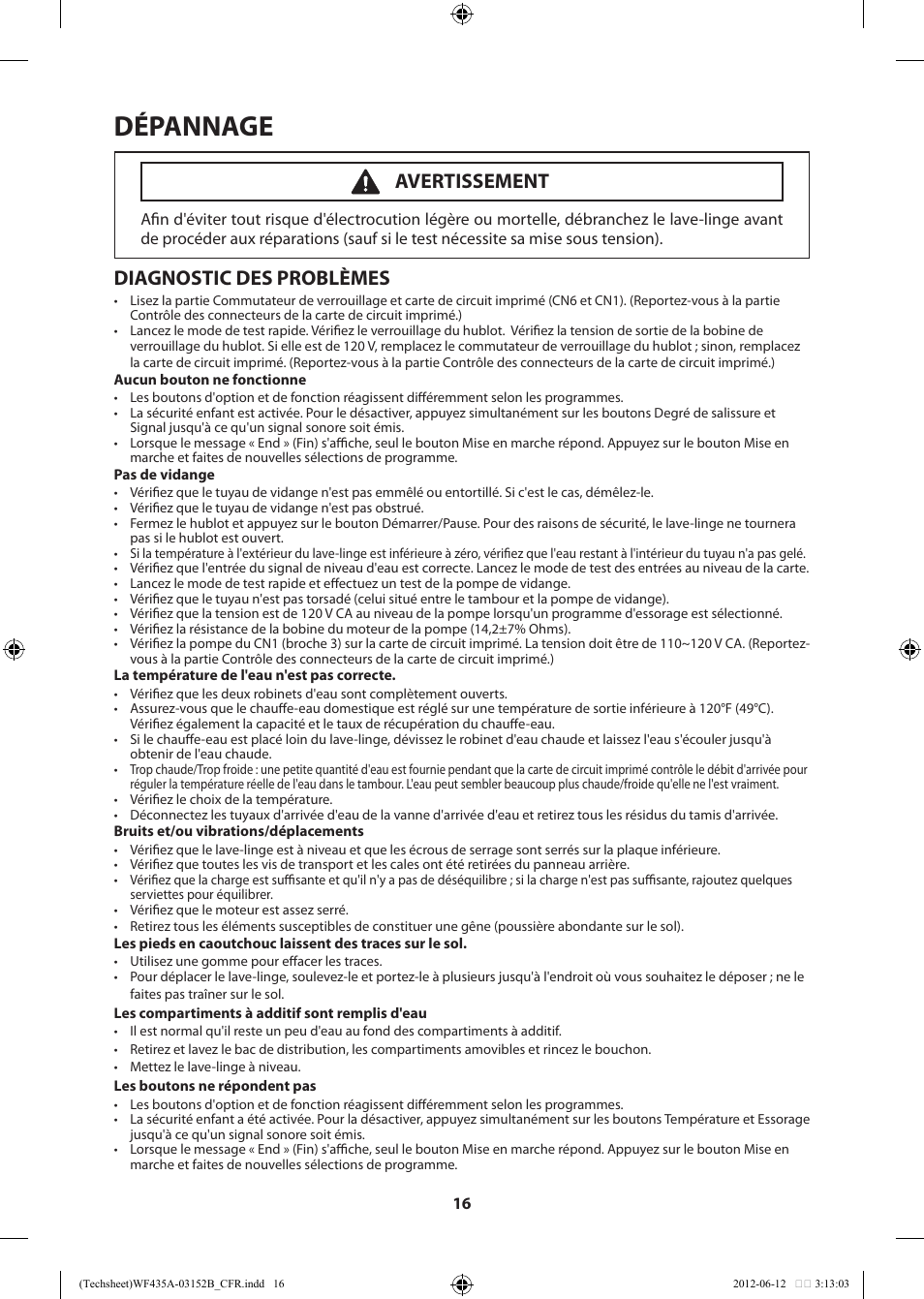 Dépannage, Diagnostic des problèmes, Avertissement | Samsung WF435ATGJWR-A1 User Manual | Page 36 / 60