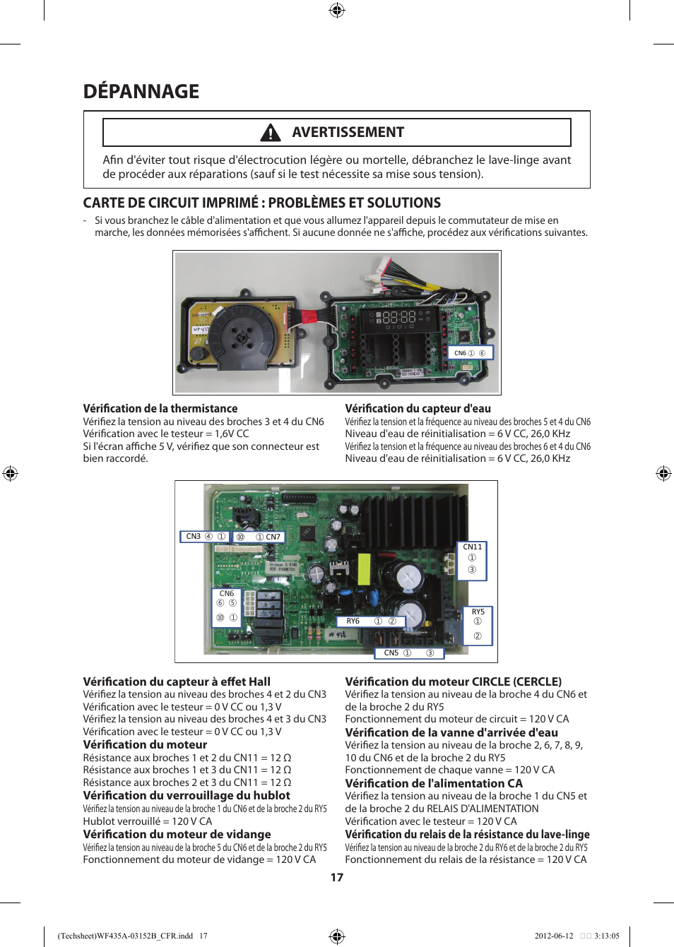 Dépannage, Carte de circuit imprimé : problèmes et solutions, Avertissement | Samsung WF435ATGJWR-A1 User Manual | Page 37 / 60