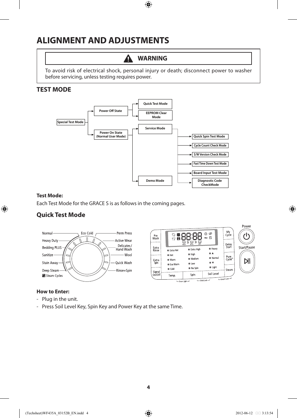 Alignment and adjustments, Test mode, Quick test mode | Warning | Samsung WF435ATGJWR-A1 User Manual | Page 4 / 60