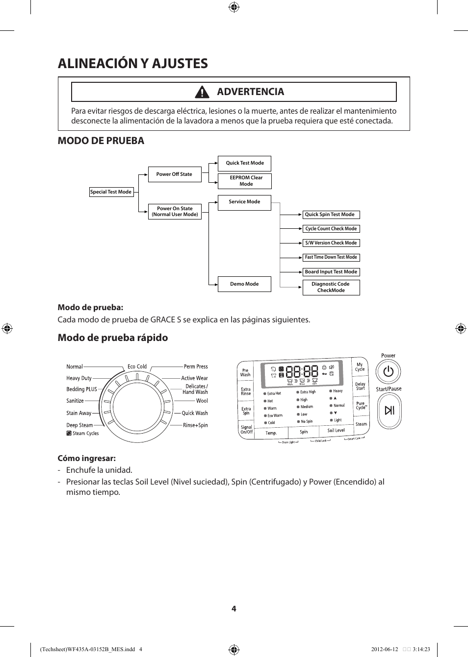 Alineación y ajustes, Modo de prueba, Modo de prueba rápido | Advertencia | Samsung WF435ATGJWR-A1 User Manual | Page 44 / 60