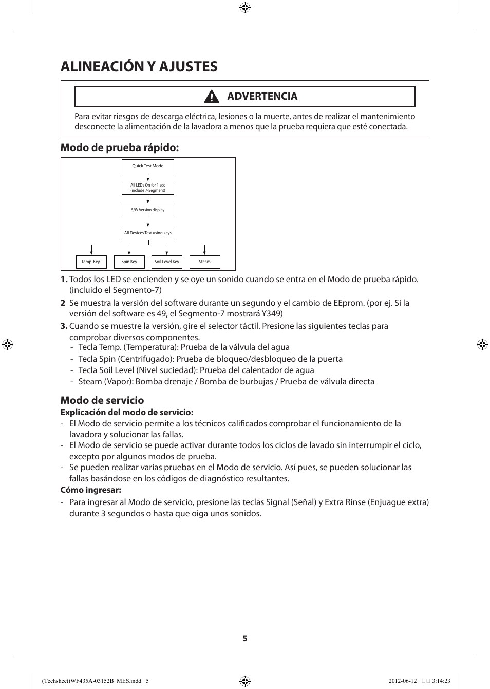 Alineación y ajustes, Modo de servicio, Modo de prueba rápido | Advertencia | Samsung WF435ATGJWR-A1 User Manual | Page 45 / 60