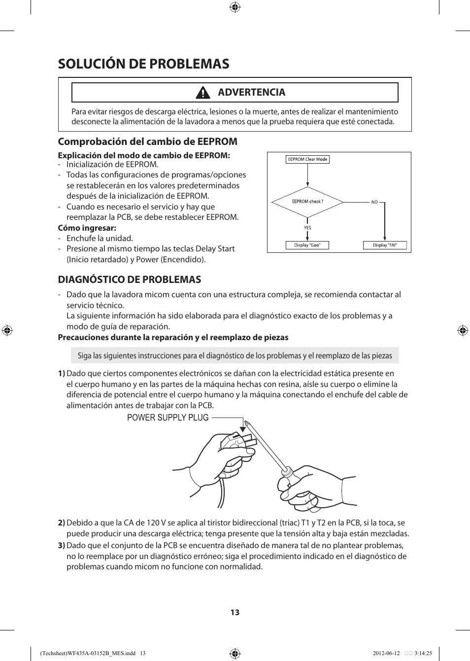 Solución de problemas, Comprobación del cambio de eeprom, Diagnóstico de problemas | Advertencia | Samsung WF435ATGJWR-A1 User Manual | Page 53 / 60