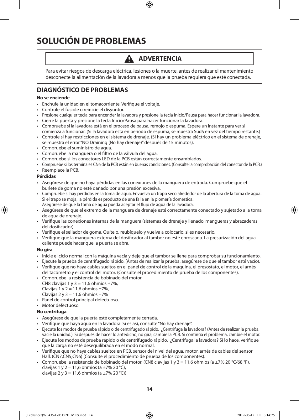 Solución de problemas, Diagnóstico de problemas, Advertencia | Samsung WF435ATGJWR-A1 User Manual | Page 54 / 60