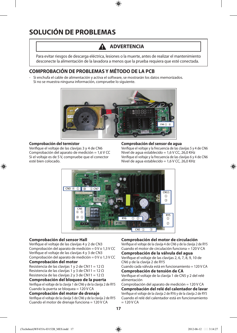 Solución de problemas, Comprobación de problemas y método de la pcb, Advertencia | Samsung WF435ATGJWR-A1 User Manual | Page 57 / 60