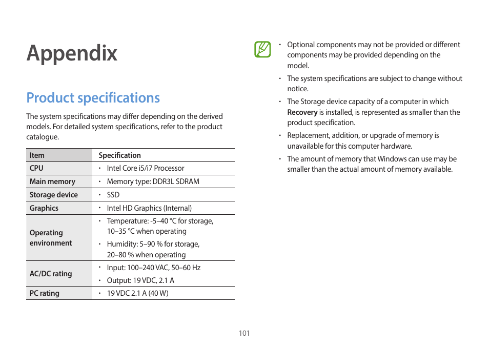 Appendix, Product specifications, 101 product specifications | Samsung NP940X3G-S02US User Manual | Page 101 / 149