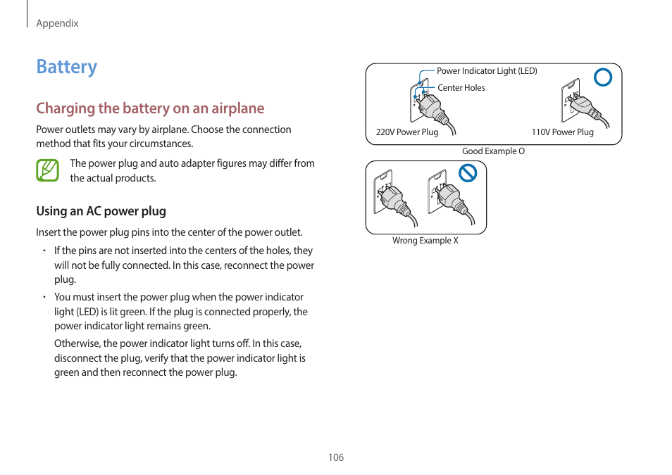 Battery, 106 battery, Charging the battery on an airplane | Samsung NP940X3G-S02US User Manual | Page 106 / 149