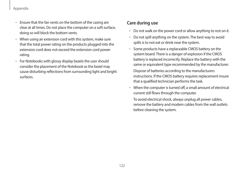 Care during use | Samsung NP940X3G-S02US User Manual | Page 122 / 149