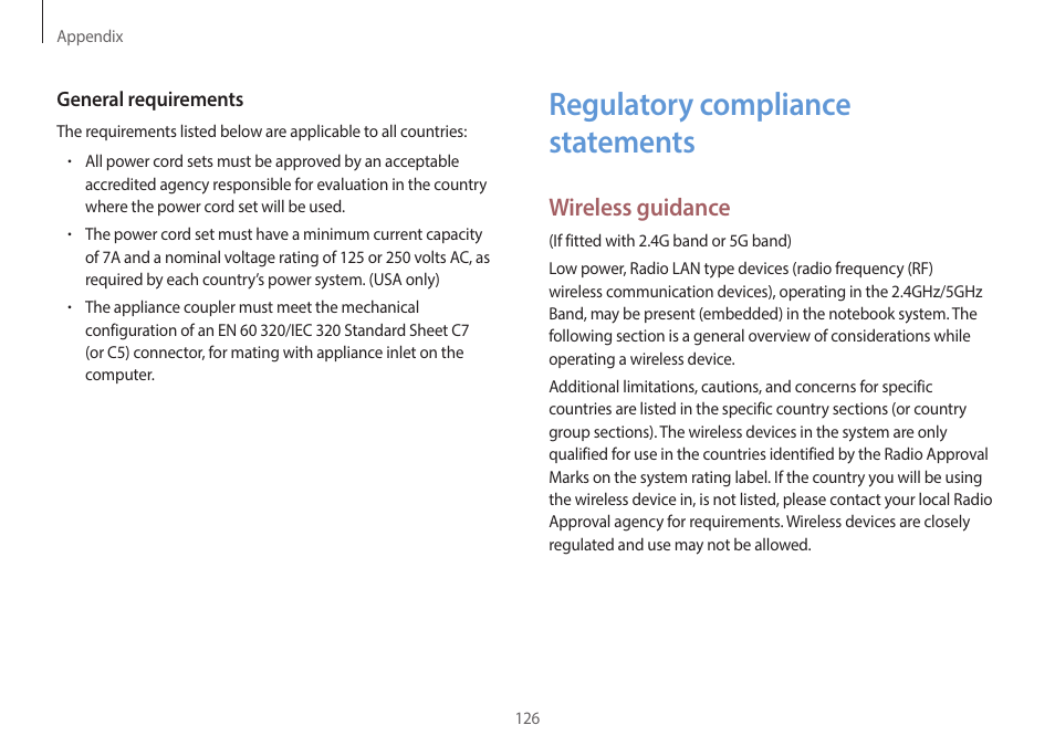 Regulatory compliance statements, 126 regulatory compliance, Statements | Wireless guidance | Samsung NP940X3G-S02US User Manual | Page 126 / 149