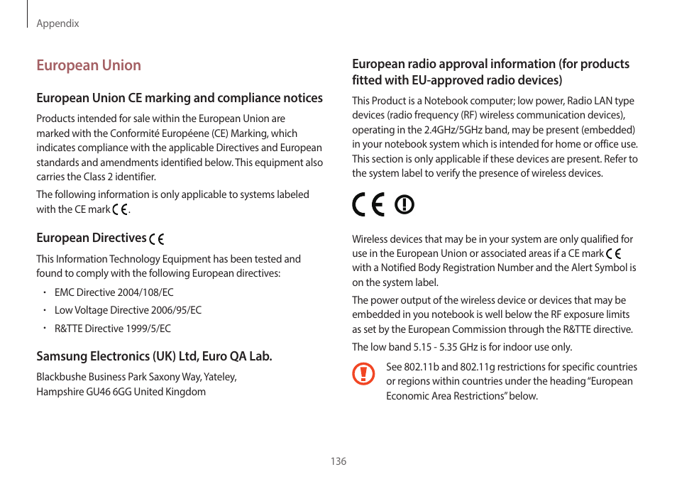 European union | Samsung NP940X3G-S02US User Manual | Page 136 / 149