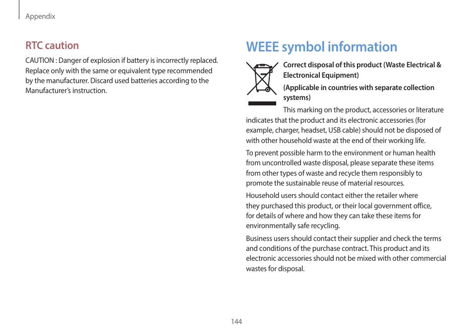 Weee symbol information, 144 weee symbol information, Rtc caution | Samsung NP940X3G-S02US User Manual | Page 144 / 149