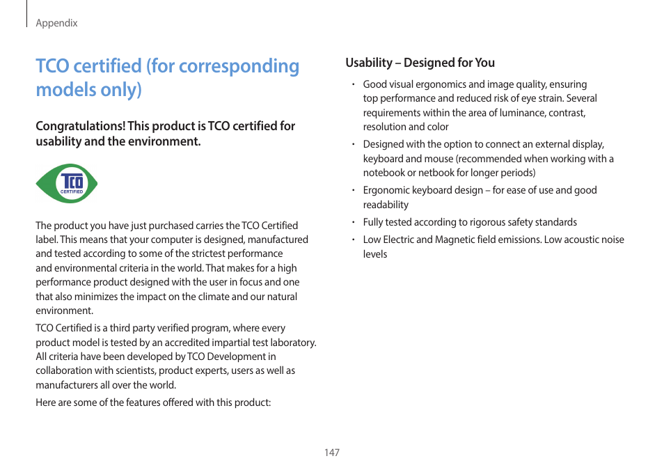 Tco certified (for corresponding models only), 147 tco certified, For corresponding | Models only) | Samsung NP940X3G-S02US User Manual | Page 147 / 149