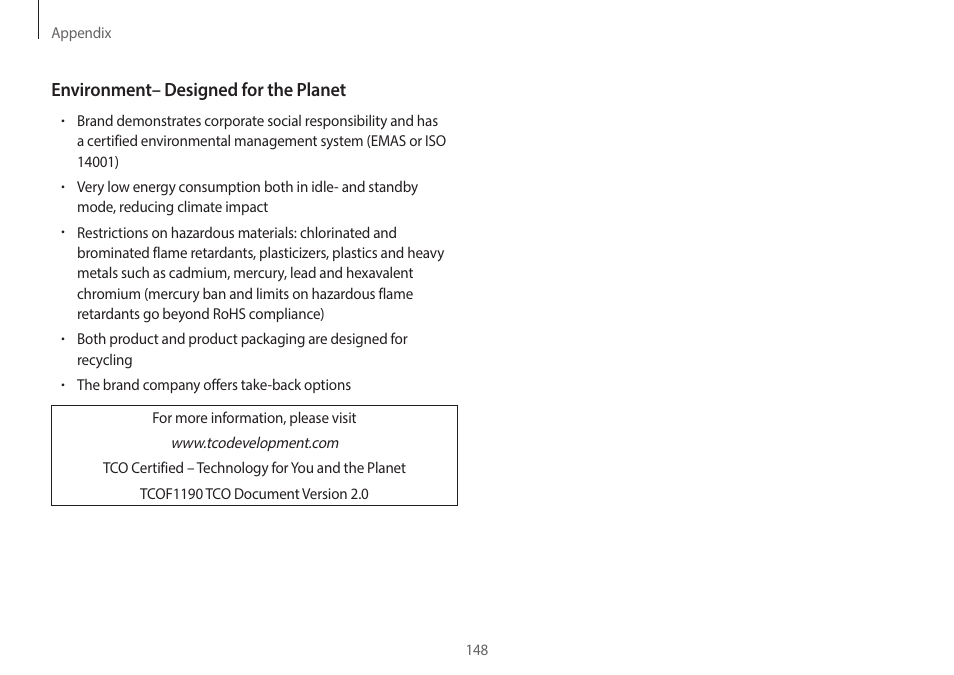 Environment– designed for the planet | Samsung NP940X3G-S02US User Manual | Page 148 / 149