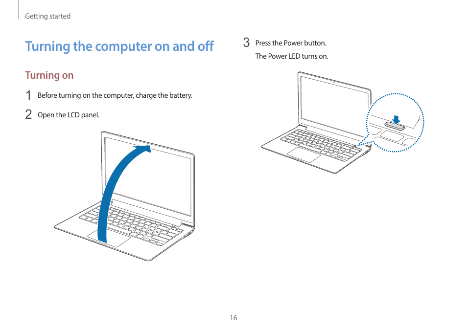 Turning the computer on and off, 16 turning the computer on, And off | Samsung NP940X3G-S02US User Manual | Page 16 / 149