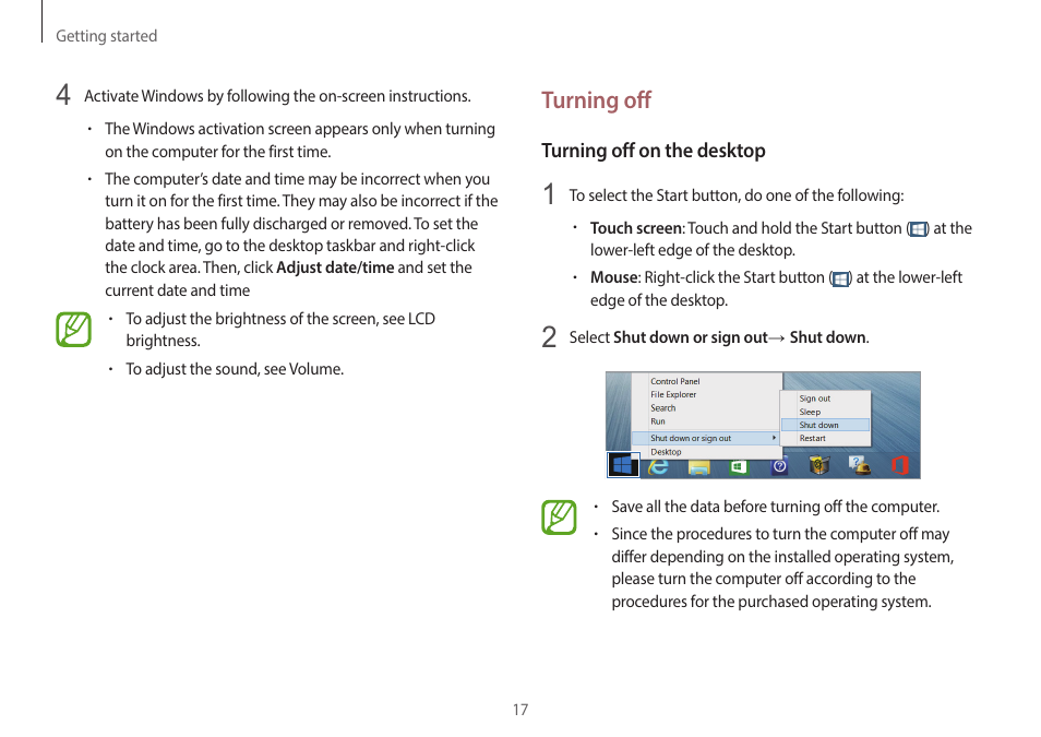 Turning off | Samsung NP940X3G-S02US User Manual | Page 17 / 149