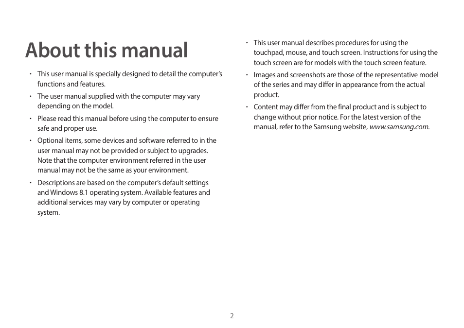 About this manual | Samsung NP940X3G-S02US User Manual | Page 2 / 149