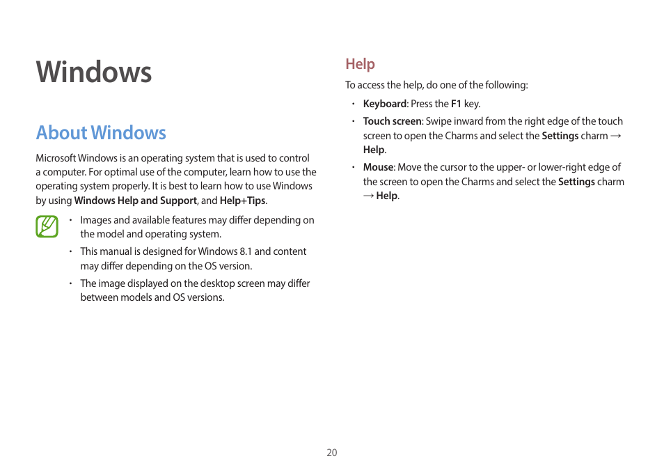 Windows, About windows, 20 about windows | Help | Samsung NP940X3G-S02US User Manual | Page 20 / 149