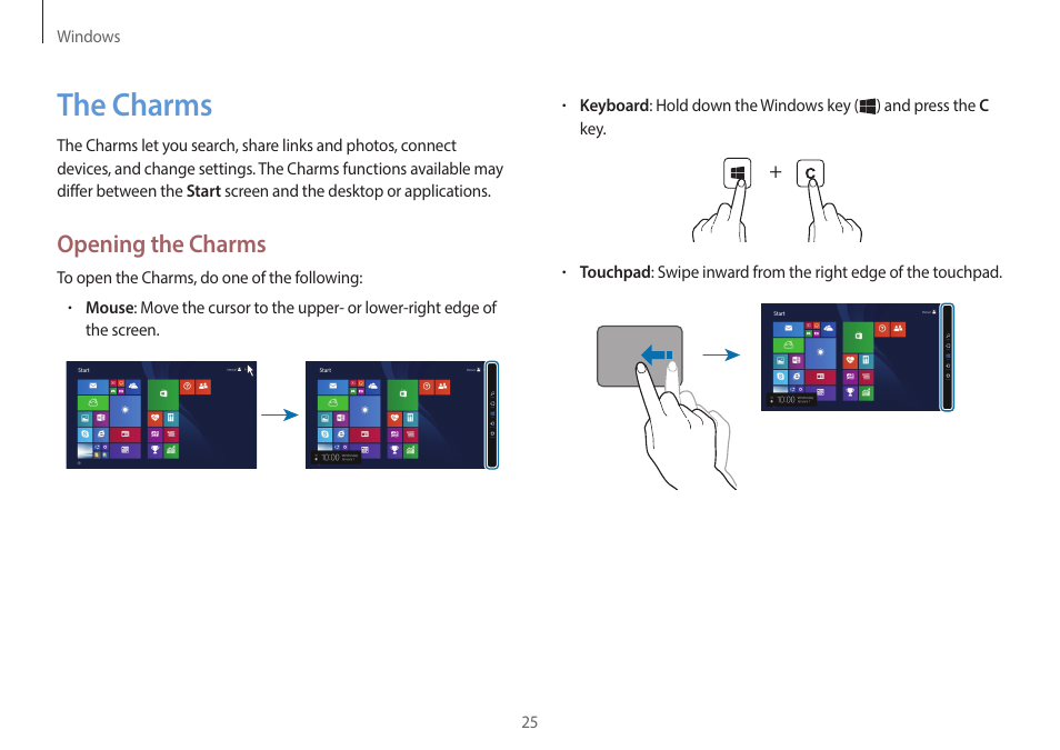 The charms, 25 the, Charms | Opening the charms | Samsung NP940X3G-S02US User Manual | Page 25 / 149