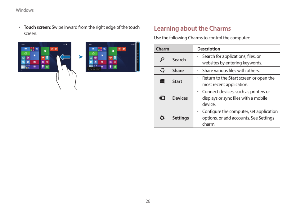 Learning about the charms | Samsung NP940X3G-S02US User Manual | Page 26 / 149