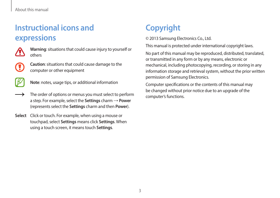 Copyright, Instructional icons and expressions | Samsung NP940X3G-S02US User Manual | Page 3 / 149