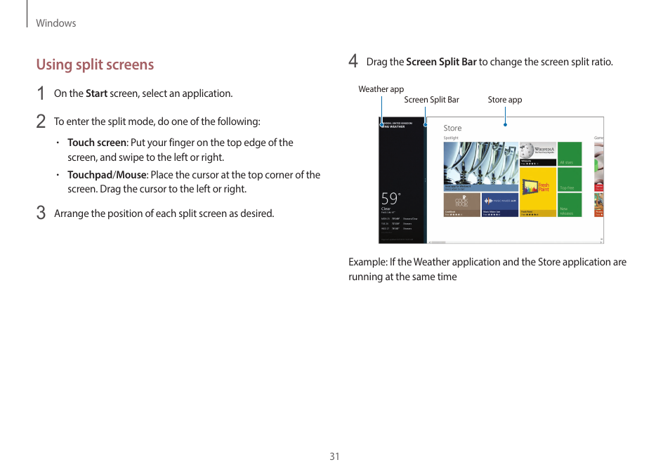 Using split screens | Samsung NP940X3G-S02US User Manual | Page 31 / 149