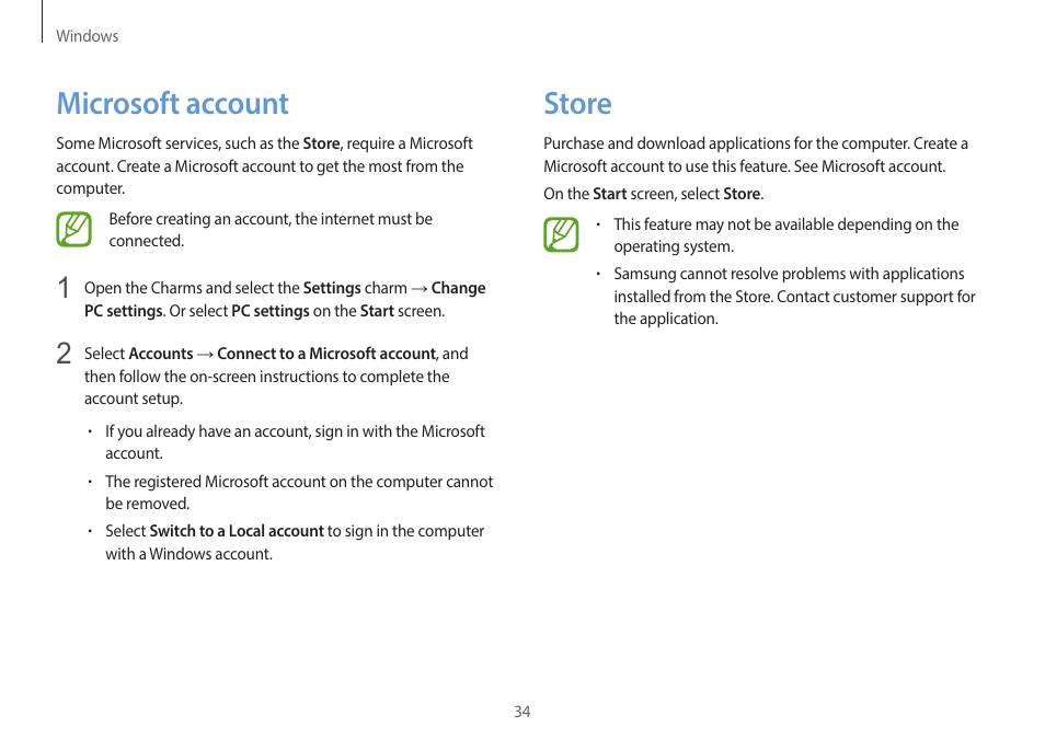 Microsoft account, Store, 34 microsoft account 34 store | Samsung NP940X3G-S02US User Manual | Page 34 / 149
