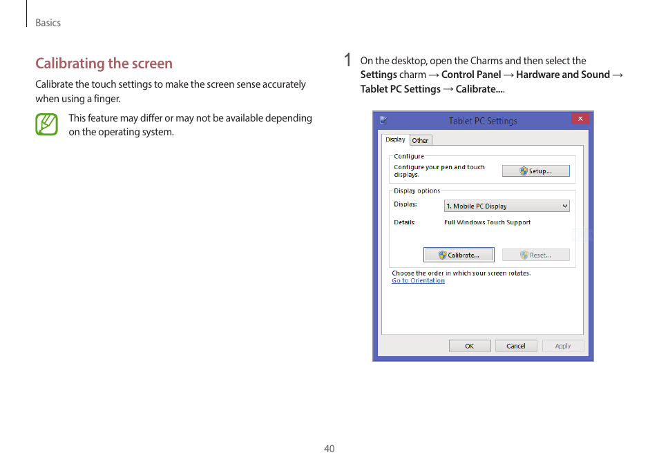 Calibrating the screen | Samsung NP940X3G-S02US User Manual | Page 40 / 149