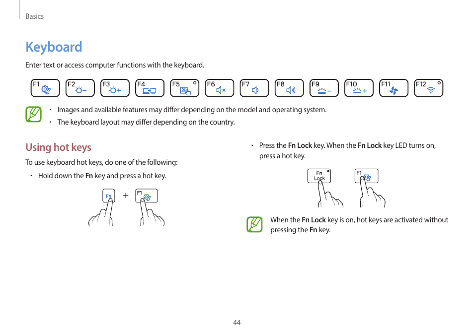 Keyboard, 44 keyboard, Using hot keys | Samsung NP940X3G-S02US User Manual | Page 44 / 149