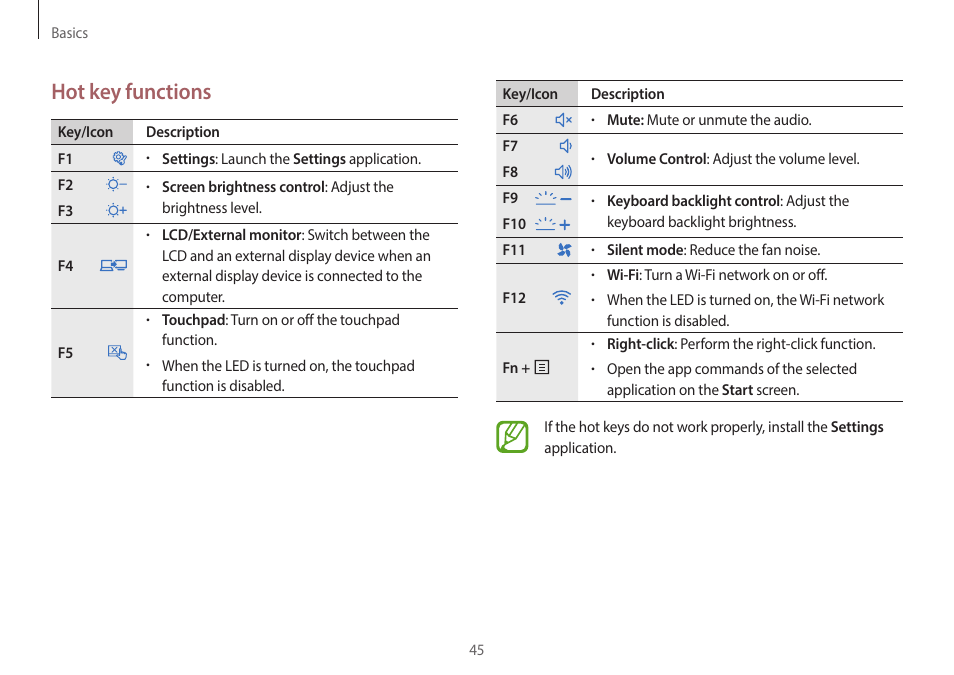 Hot key functions | Samsung NP940X3G-S02US User Manual | Page 45 / 149