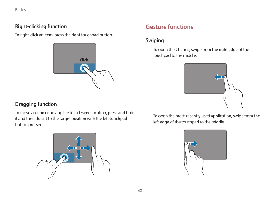 Gesture functions | Samsung NP940X3G-S02US User Manual | Page 48 / 149