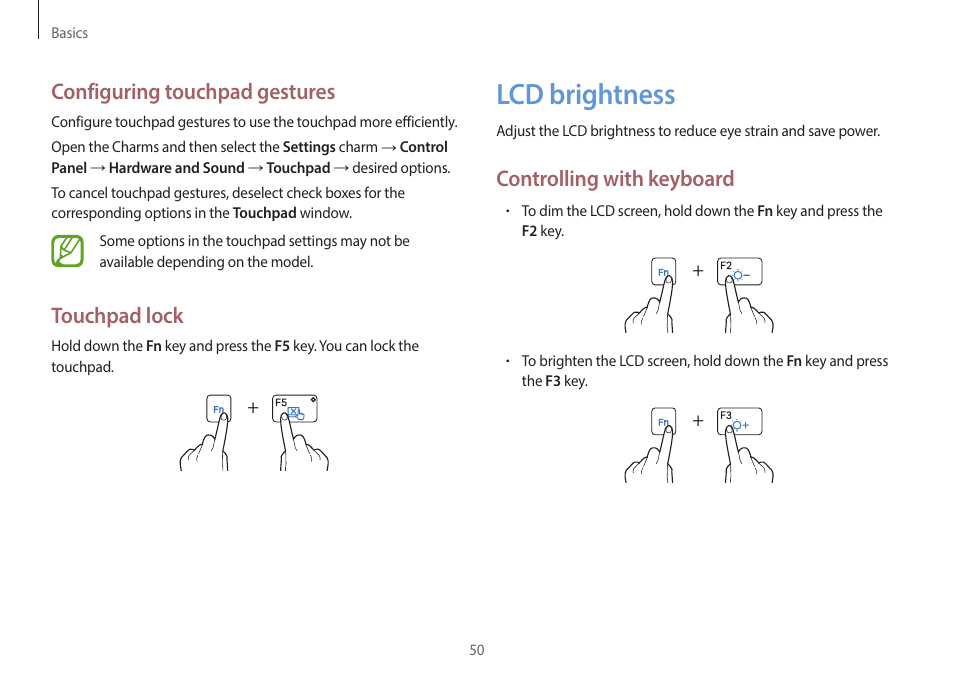 Lcd brightness, 50 lcd brightness, Controlling with keyboard | Configuring touchpad gestures, Touchpad lock | Samsung NP940X3G-S02US User Manual | Page 50 / 149