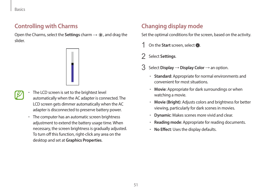 Changing display mode, Controlling with charms | Samsung NP940X3G-S02US User Manual | Page 51 / 149