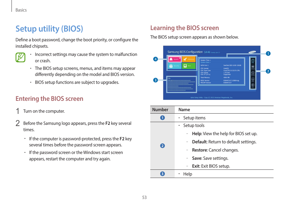 Setup utility (bios), 53 setup utility (bios), Learning the bios screen | Entering the bios screen | Samsung NP940X3G-S02US User Manual | Page 53 / 149
