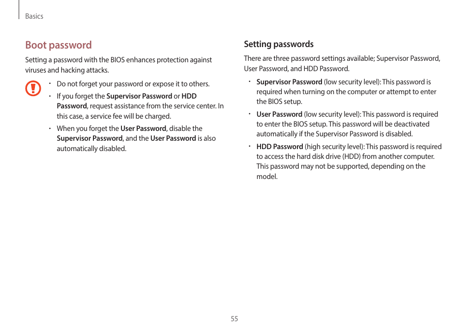 Boot password | Samsung NP940X3G-S02US User Manual | Page 55 / 149