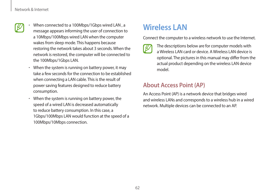 Wireless lan, 62 wireless lan, About access point (ap) | Samsung NP940X3G-S02US User Manual | Page 62 / 149