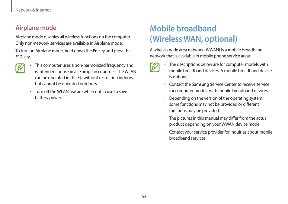 Mobile broadband (wireless wan, optional), 64 mobile broadband, Wireless wan, optional) | Airplane mode | Samsung NP940X3G-S02US User Manual | Page 64 / 149
