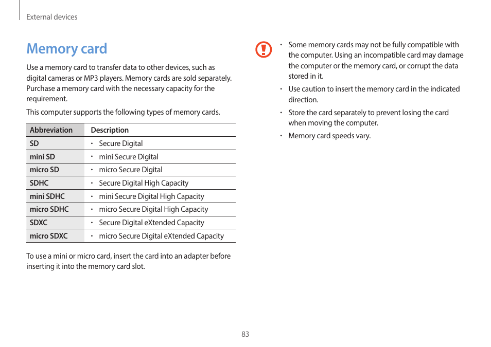 Memory card, 83 memory card | Samsung NP940X3G-S02US User Manual | Page 83 / 149