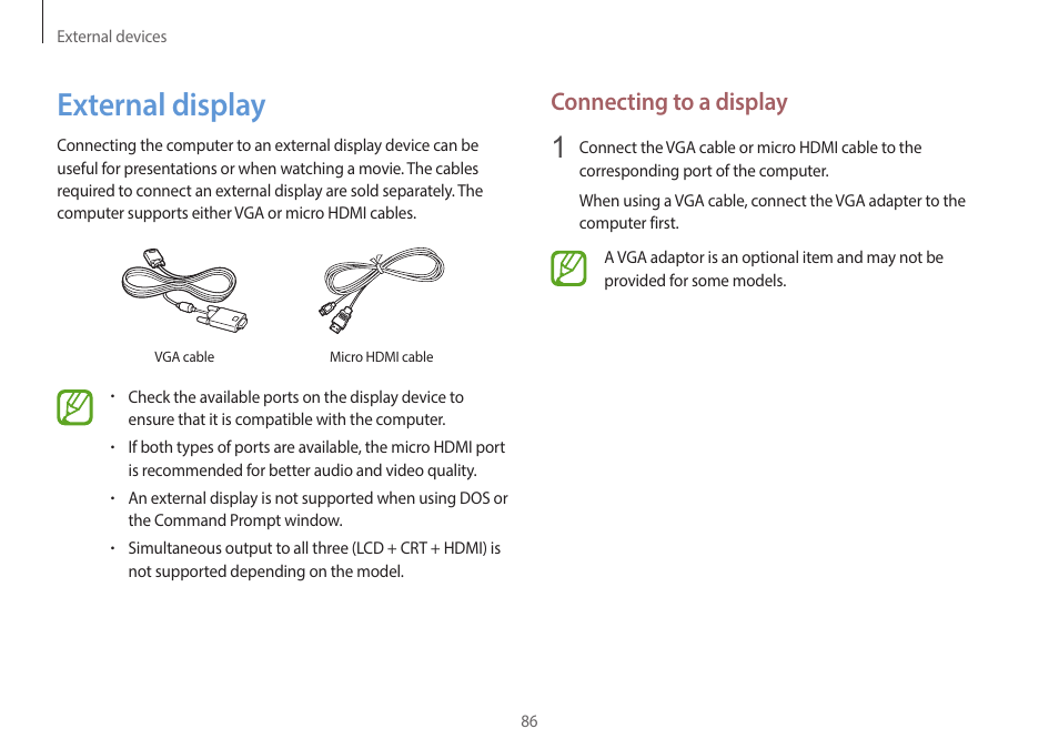 External display, 86 external display, Connecting to a display | Samsung NP940X3G-S02US User Manual | Page 86 / 149