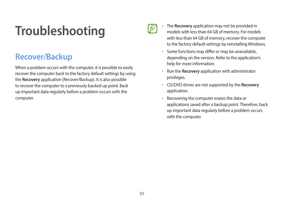 Troubleshooting, Recover/backup, 89 recover/backup | Samsung NP940X3G-S02US User Manual | Page 89 / 149