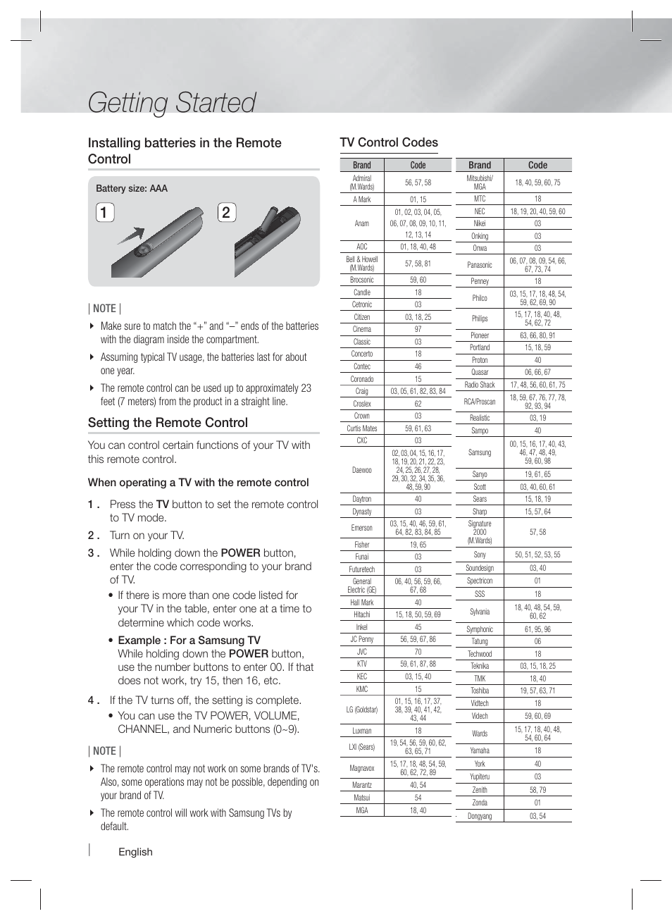 Getting started, Installing batteries in the remote control, Setting the remote control | Tv control codes | Samsung HT-E4500-ZA User Manual | Page 14 / 59