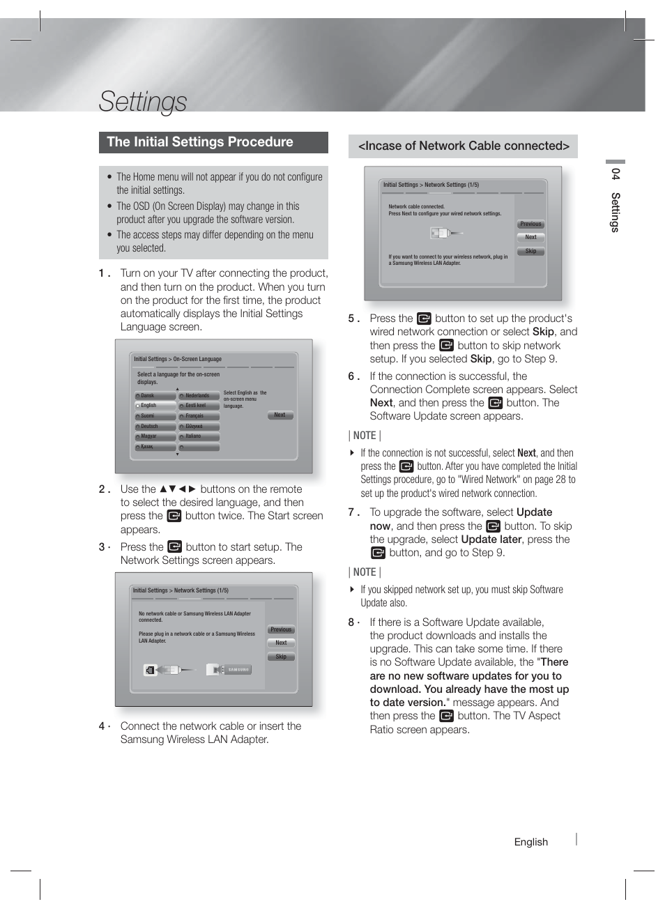 The initial settings procedure, Settings, Incase of network cable connected | Samsung HT-E4500-ZA User Manual | Page 21 / 59