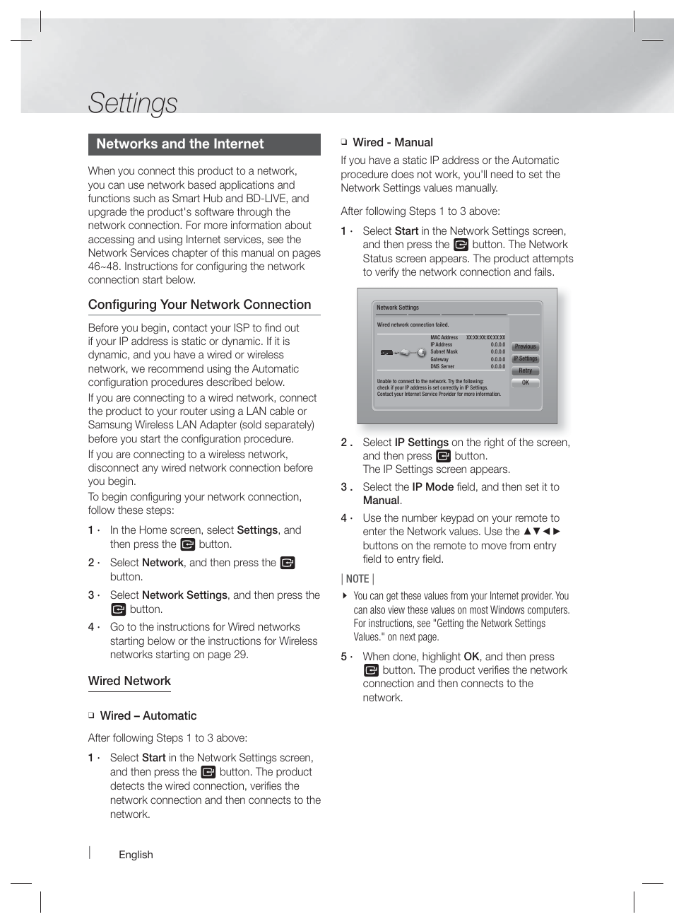Networks and the internet, Settings, Configuring your network connection | Samsung HT-E4500-ZA User Manual | Page 28 / 59